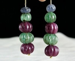 Natural Emerald Ruby Blue Sapphire Carved 144.85 Cts Dangle Earring Designing - £1,233.04 GBP