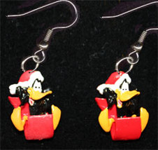 DAFFY DUCK EARRINGS-SANTA SLED-Holiday Charm Christmas Jewelry - £7.17 GBP