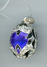Russian Faux Silver Egg Pendant, deep blue spread &amp; silver decor w/clear stones - £38.54 GBP