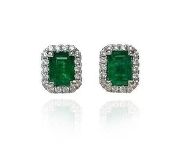 3.00Ct Emerald Cut CZ Emerald Halo Stud Earrings 14k White Gold Plated - £102.86 GBP