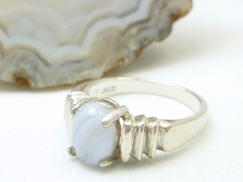 Primary image for Blue Lace Agate Oval Smooth Polished Gemstone Sterling Ring Size 6.5