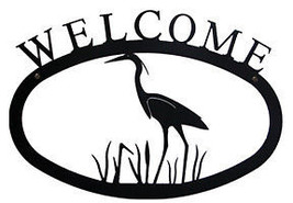 Wrought Iron Welcome Sign Heron Silhouette Small Outdoor Plaque Home Decor House - £16.74 GBP
