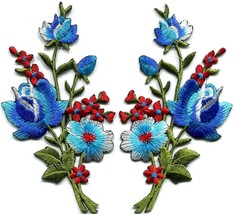 Blue Roses Pair Flowers Floral Bouquet Applique Iron On Patch Filigree 4.5 Inch - $17.81
