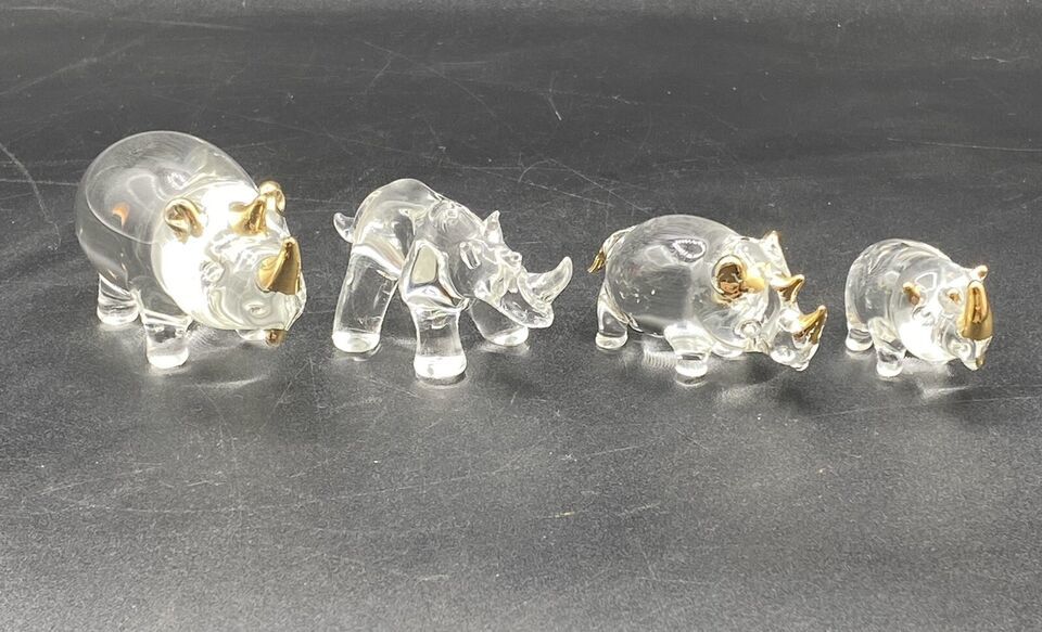 4 Art Blown Glass Mini Rhinos Gold Painted Horns - $26.72