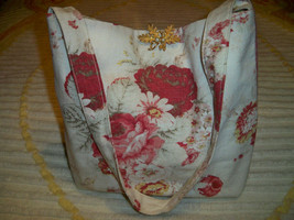 Handmade Vintage Waverly Norfolk Roses Fabric Tote Purse Oak Leaf Pearl Brooch - $36.99