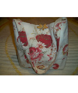 Handmade Vintage Waverly Norfolk Roses Fabric Tote Purse Oak Leaf Pearl Brooch - £29.72 GBP