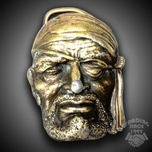 Vintage 1977 Belt Buckle Pirate Head Eye Patch Embossed Gold Color Made ... - £29.36 GBP