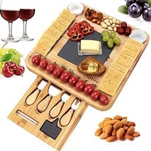 Natural Bamboo Cheese Board &amp; Cutlery Set + Slide-Out Drawer Charcuterie Platter - £39.22 GBP