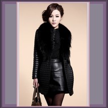 Long Black Quilted Faux Sheepskin Leather with Faux Raccoon Dog Fur Collar Coat 