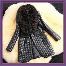 Long Black Quilted Faux Sheepskin Leather with Faux Raccoon Dog Fur Collar Coat  image 2