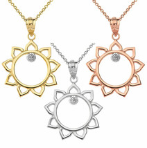 Solid Gold Yellow White Rose Diamond Sunflower Outline Openwork Pendant Necklace - £113.32 GBP+