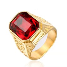 Vintage Square Red Stone Signet Ring Men Antique Gold Wedding Band Rings Indian  - £9.54 GBP