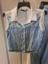 Zara Printed Denim Satin Sleeveless Button Front Top Sz L NWT - £23.74 GBP