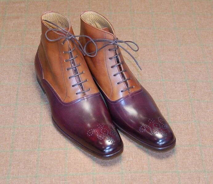 Men's High Ankle Maroon Tan Medallion Toe Genuine Leather Lace Up Boots US 7-16