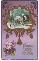 Christmas Postcard Happiness Is Yours Winter Night Scene Violets - £1.65 GBP