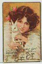 Best Easter Wishes Woman White Coat with Rabbit Embossed Postcard I13 - £3.89 GBP