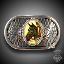 Vintage Belt Buckle Western Cowboy Horse Head Picture Rodeo Filigree Silver - £20.38 GBP