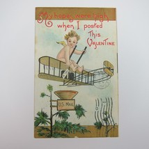 Postcard  Valentine Cupid Rides Biplane Airplane Over Mailbox Tree Antique 1911 - £7.98 GBP