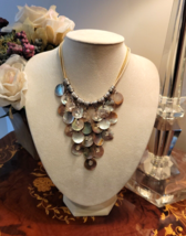 Mother of Pearl Fringe Disks &amp; Acrylic Faceted bead Corded Necklace signed Yousi - £13.09 GBP