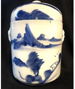 Primitive Asian China Hand Painted Blue &amp; White Handles Jar Seascape  PE... - $63.47