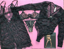 NWT Victoria&#39;s Secret unlined 34B BRA SET+s SLIP+long-sleeve TEDDY Black lace - £172.48 GBP