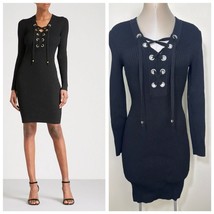 MICHAEL KORS Lace-Up Ribbed Mini Dress Size Small Black Fitted - $49.76