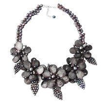 Blk Floral Bouquet Bib Shell-Pearl .925 Silver Necklace - £28.52 GBP