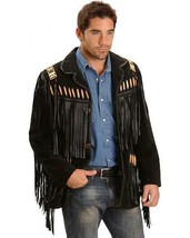 Men&#39;s Black Color Suede Long Fringes Bone Beads Patches Genuine Leather Jacket - $176.39