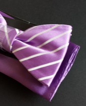 Countess Mara Ready To Wear Silk Bow Tie with Handkerchief Purple Stripes Fashio - £15.30 GBP