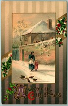 A Joyful Christmas Mother and Child Winter Scene Holly Embossed DB Postcard F4 - £4.05 GBP