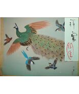 Chinese Painting on Silk 17"x14" signed Peacock Magpie BRIGHT Antique / ... - $314.99