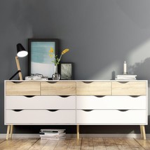 Large Modern White &amp; Oak Chest Of 8 Drawers Bedroom Storage Cabinet Unit Table - £317.13 GBP