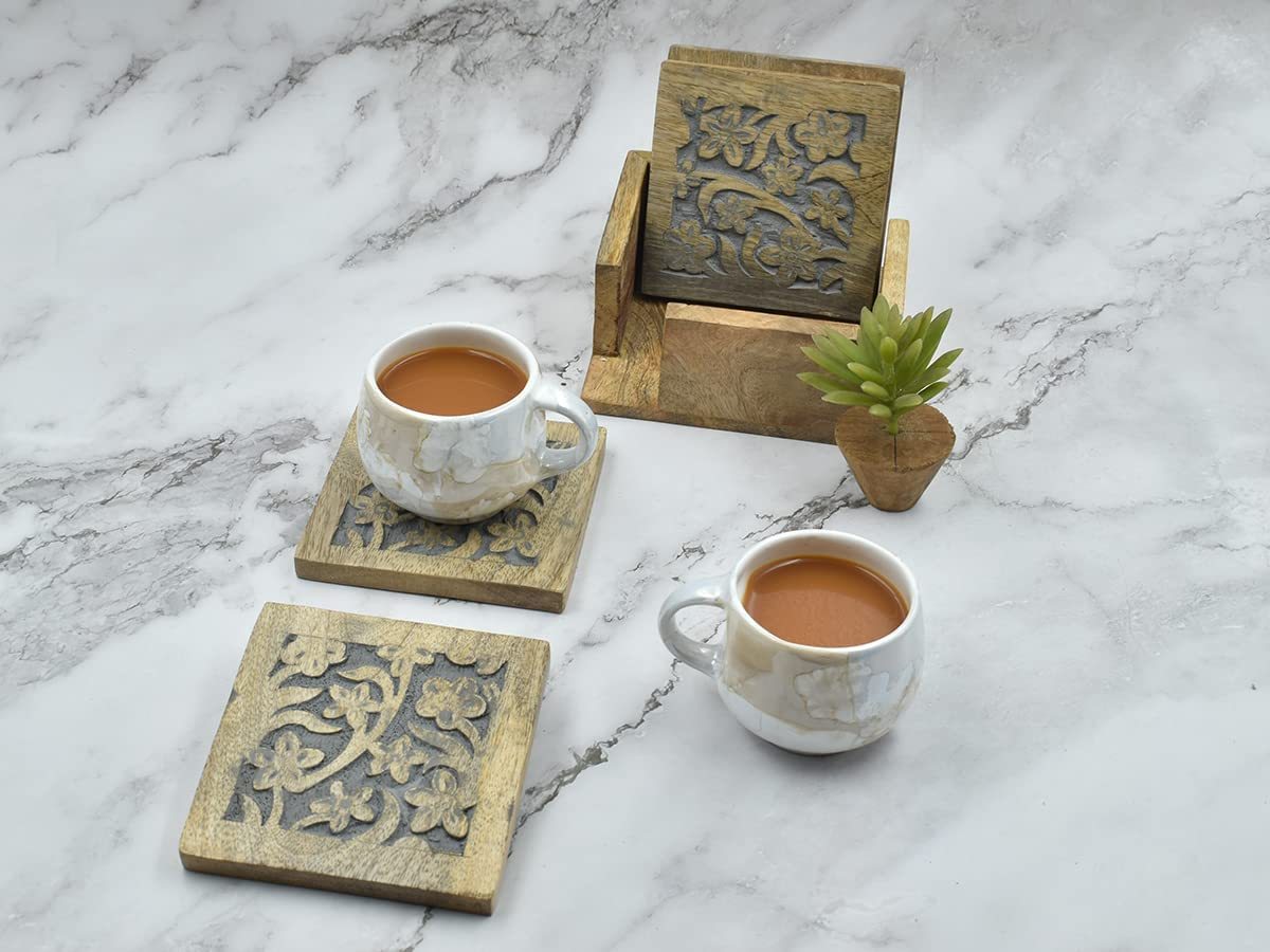 STORE INDYA Set of 4 Wooden Square Coasters with Holder for Tea Coffee B... - $15.99