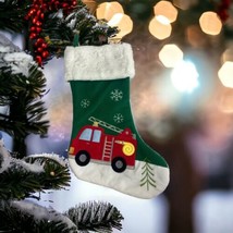 Hobby Lobby Christmas Stocking Fire Truck Green Red Holiday Snowflake NEW 17.5&quot; - £18.53 GBP