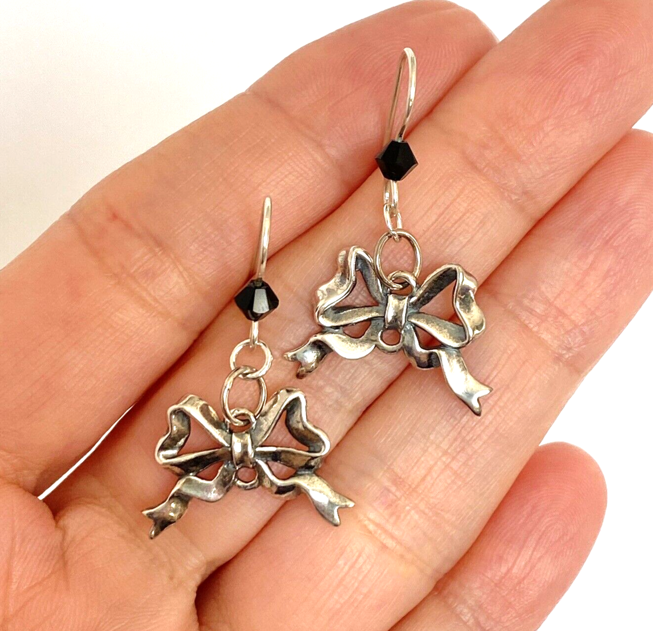 Primary image for Thai Sterling 925 Bows & Black Crystals Silver Pierced Dangle Earrings 3.9g