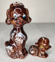 Vintage Mid Century Modern Brown Ceramic Poodle Dog &amp; Puppy Figurines Japan - £10.24 GBP
