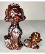 Vintage Mid Century Modern Brown Ceramic Poodle Dog &amp; Puppy Figurines Japan - £10.31 GBP
