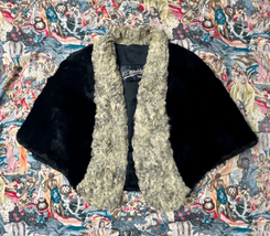 Vintage 30s 40s Black Fur Shawl Capelet Cover Up W/ Sheep Cream Collar AS IS - £45.66 GBP