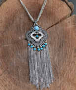 Long Silver Necklace, Long Boho Necklace, Gypsy, Tassel necklace, Tribal... - $18.99