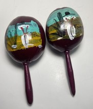 Set of 2 Mexico Souvenir Maracas Hand Painted red Gourd With Wood Handle 9.5 inc - $11.13