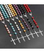 Women Faux Pearl Cross pendant Long Beads chains Rosary Necklace_ - £3.93 GBP