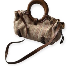 Fossil Vintage Striped Purse Colorful Canvas Handbag Brown Wooden Handles - $35.22