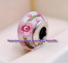 Sterling Silver Handmade Glass Lampwork Pink and White Flower Murano Gla... - $109.58 MXN