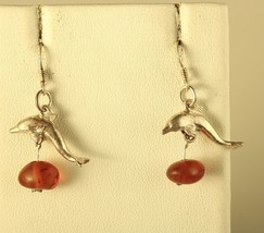 Vintage Sterling Silver Signed 925 Dolphin Dangling Amber Stone Hook Earrings - £35.61 GBP