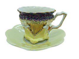 Vintage Germany Demitasse Mini Porcelain Lusterware Teacup Saucer Purple Yellows - £15.93 GBP