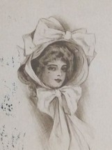 New Year Greetings Beautiful Woman in Fancy Bonnet Hat w/ Bows Vtg Postcard 1909 - £7.84 GBP