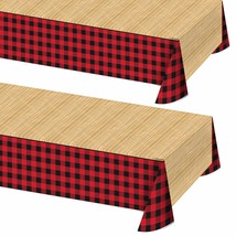 Lumberjack Party Supplies - Red and Black Buffalo Plaid &amp;Wood Plastic Table Cove - £10.61 GBP