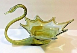 Blown Glass Large Swan Dish Planter Candy Green White Lovely 14 L 9.5 W ... - $29.69