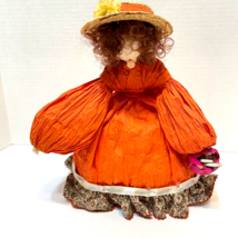 Vintage Handmade Raffia Doll Hair Fabric Ruffled Trim Hat Basket of Books 9.5 in - £17.69 GBP