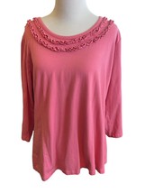 Pink Pullover Shirt Women’s Ruffle Neck-Line 3/4 Sleeve Denim &amp; Co Size Large - £15.73 GBP